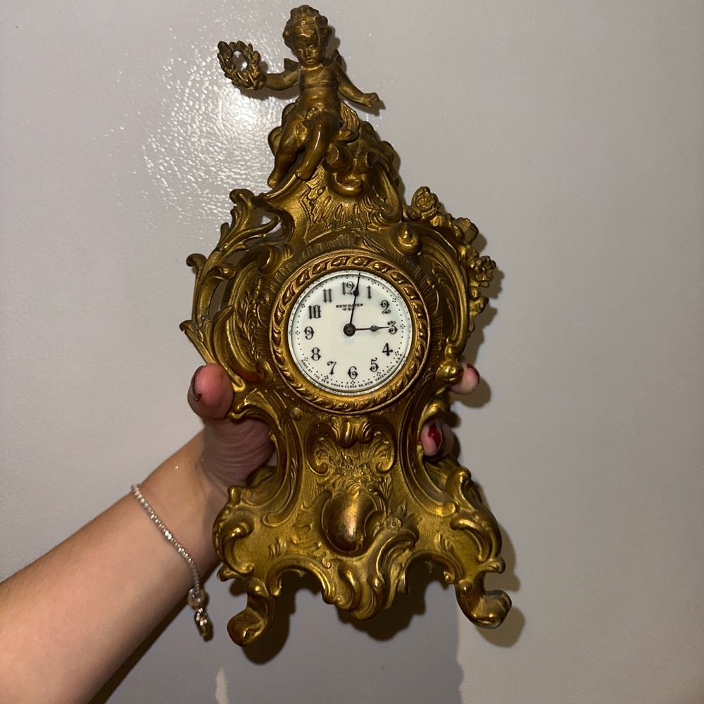 Antique JENNINGS BROS Gilt Metal Boudoir Clock Bridgeport Conn. c.1890
